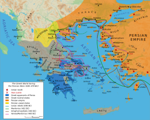 "Map Greco-Persian Wars-en" by User:Bibi Saint-Pol - Own work. Data from Image:Perserkriege.jpg by Captain Blood, which uses the dtv-Atlas Weltgeschichte. Von den Anfängen bis zur Gegenwart, p. 56. Blank map from Image:Map greek sanctuaries-fr.svg.. Licensed under CC BY-SA 3.0 via Commons - https://commons.wikimedia.org/wiki/File:Map_Greco-Persian_Wars-en.svg#/media/File:Map_Greco-Persian_Wars-en.svg