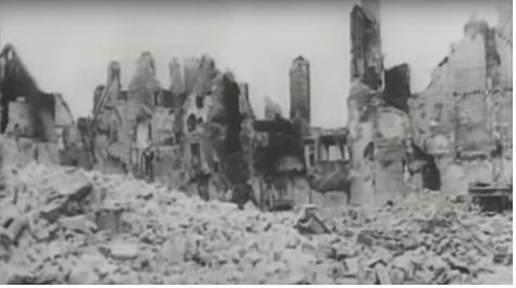 Caen in ruins (Still from Battlefield, the Battle of Caen, You Tube)