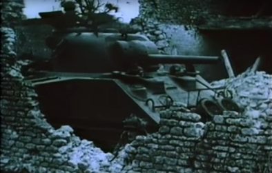 Sherman moving through ruins (Still from the Goodwood Lectures, You Tube)